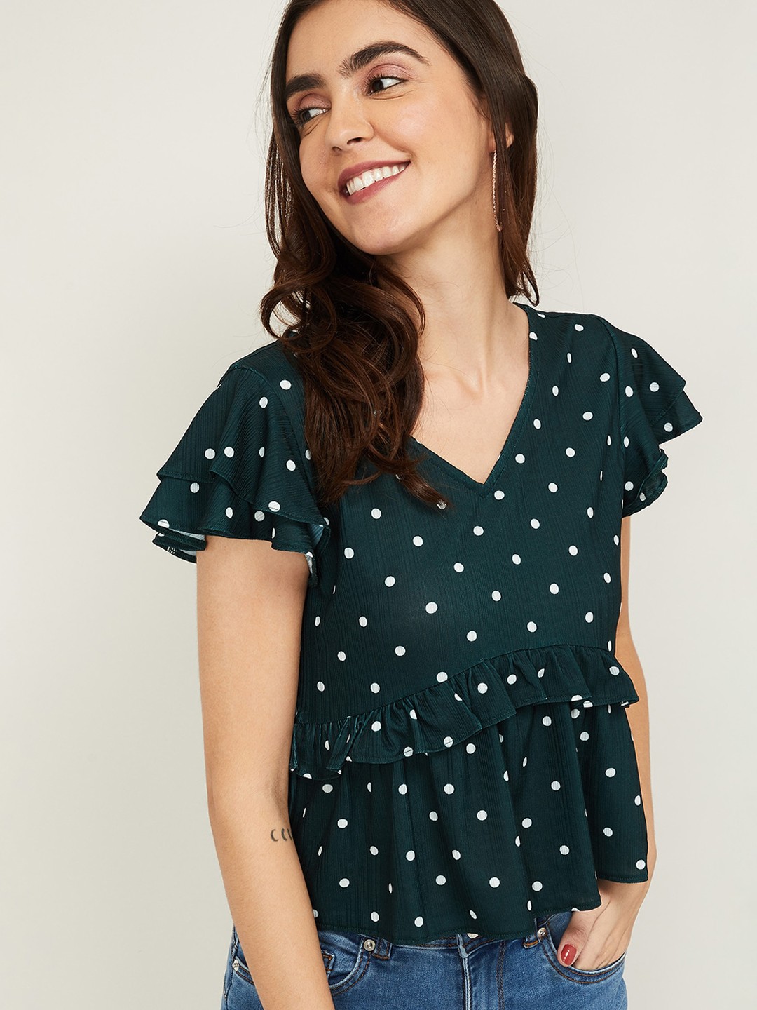 

Ginger by Lifestyle Green Printed Flared Sleeves Wrap Top