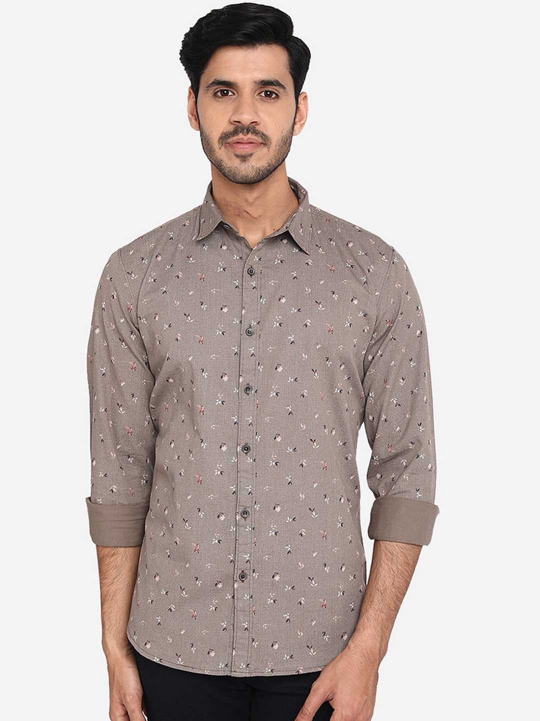 

JADE BLUE Men Grey Slim Fit Printed Pure Cotton Casual Shirt