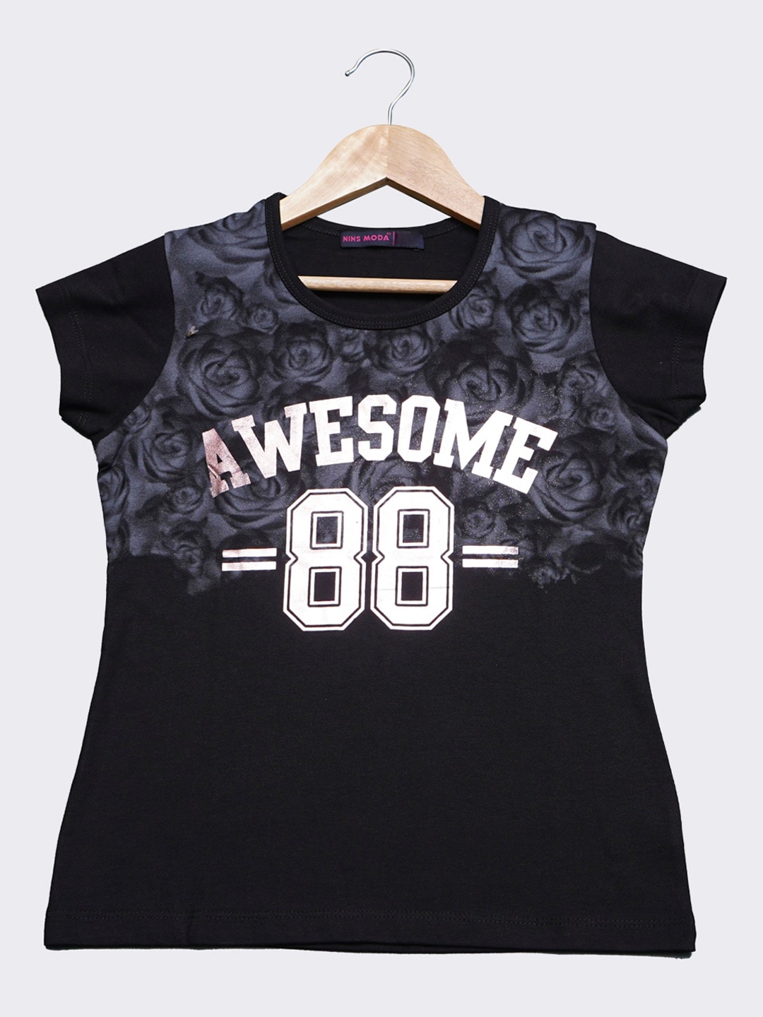 Nins Moda Girls Black Printed Regular Top