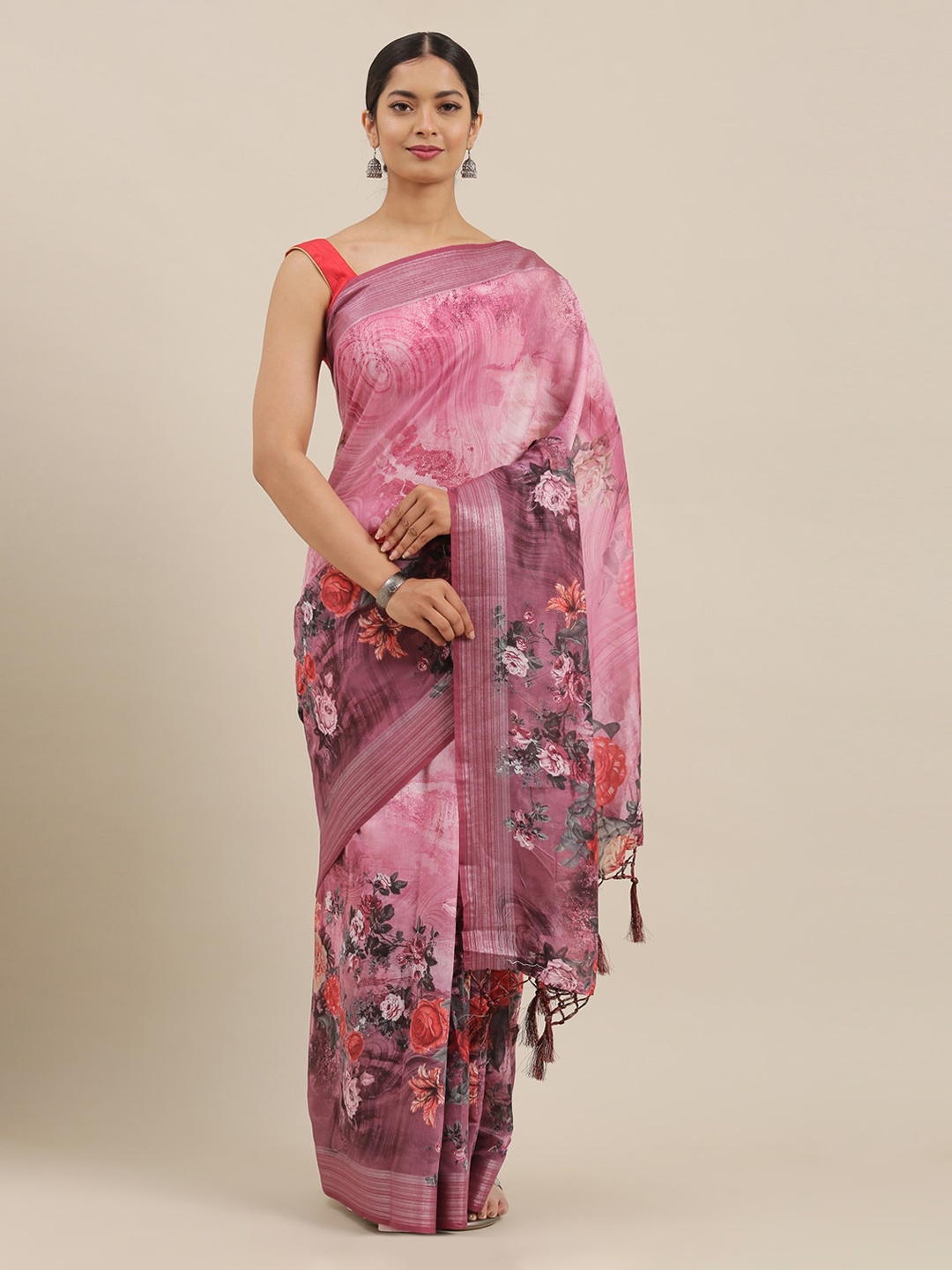 The Chennai Silks Pink & Silver-Toned Linen Blend Printed Saree