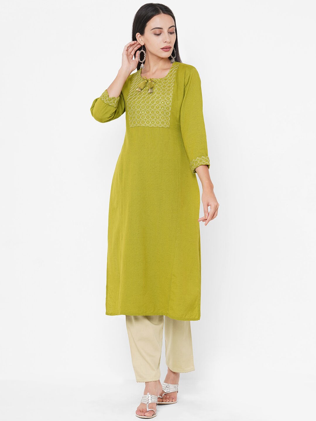 

FASHOR Women Lime Green Geometric Yoke Design Sequins Kurta