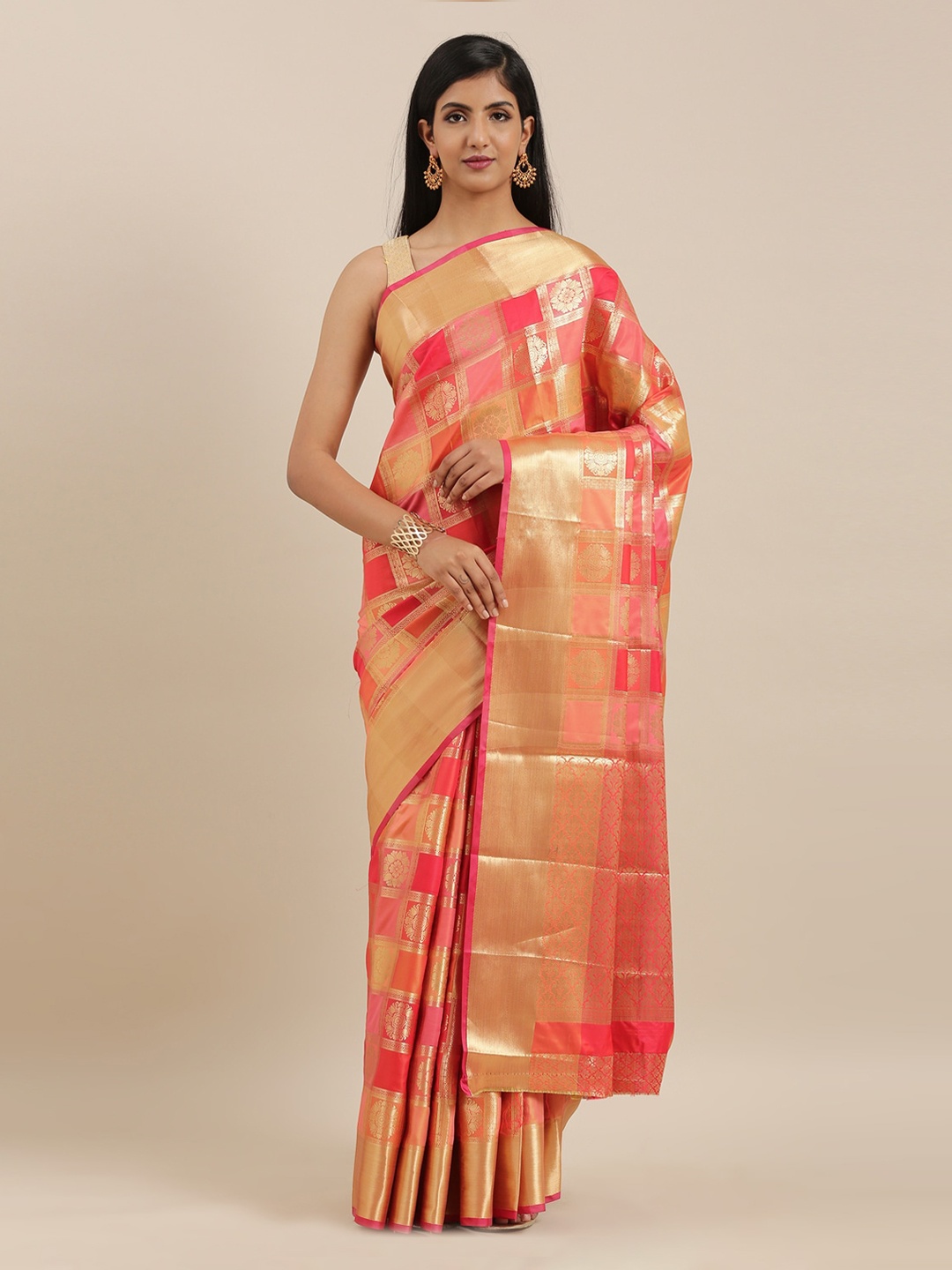

The Chennai Silks Pink & Orange Art Silk Checked Saree