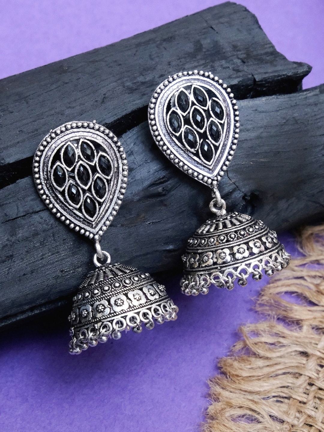 

Crunchy Fashion Oxidized Silver-Plated Black Studded Dome Shaped Jhumkas