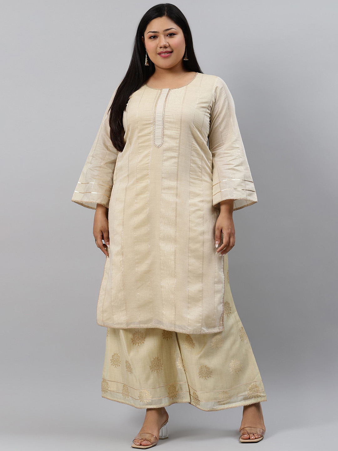 

EXTRA LOVE BY LIBAS Women Plus Size Beige & Gold-Toned Striped Kurta with Palazzos