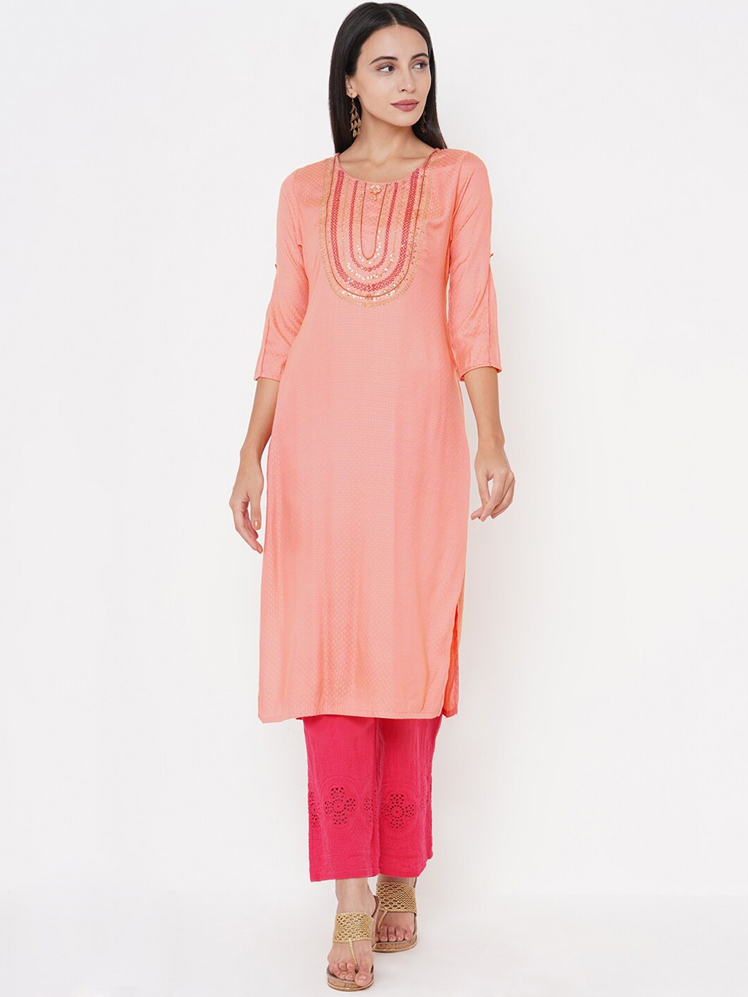 

FASHOR Women Peach-Coloured Striped Thread Work Yoke Design Kurta