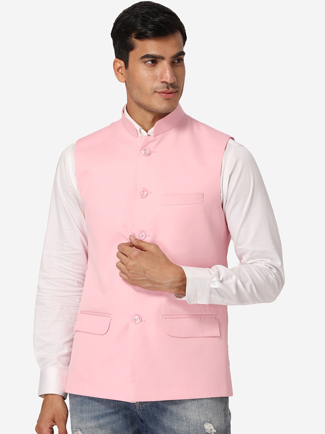

Wintage Men Pink Solid Casual Nehru Jacket