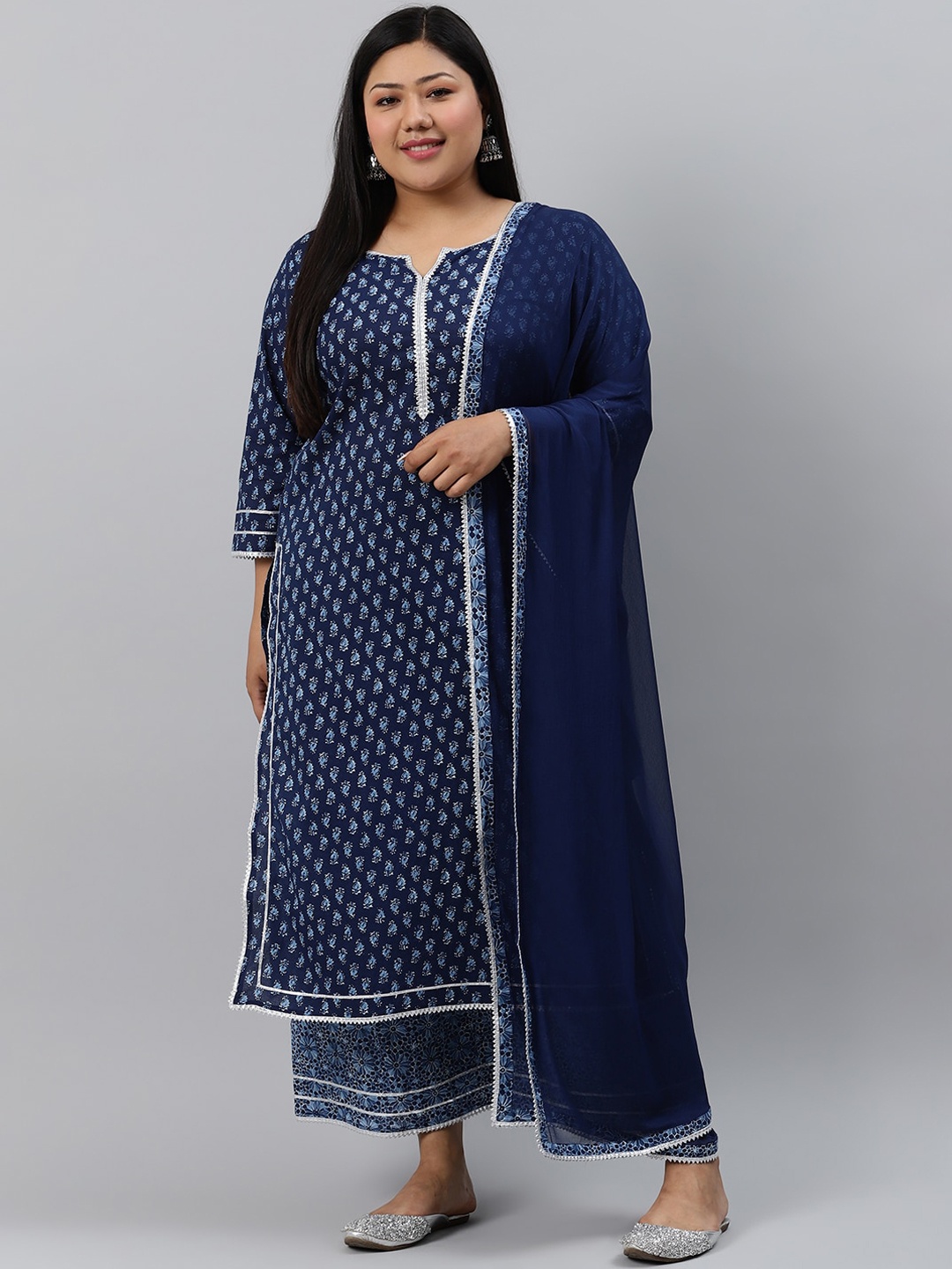 

EXTRA LOVE BY LIBAS Women Plus Size Blue Printed Kurta with Palazzos & Dupatta