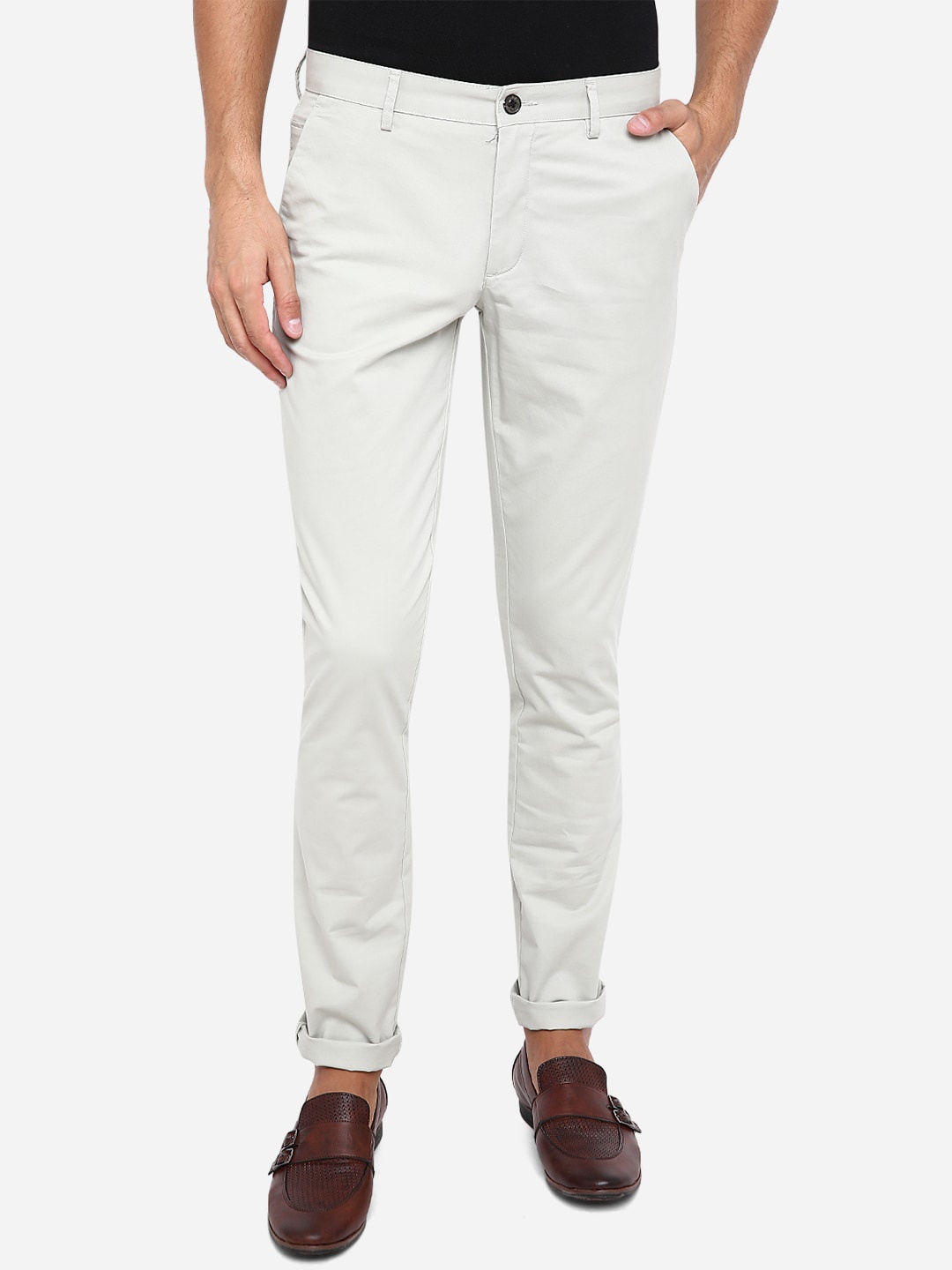 

JADE BLUE Men Green Slim Fit Pure Cotton Trousers