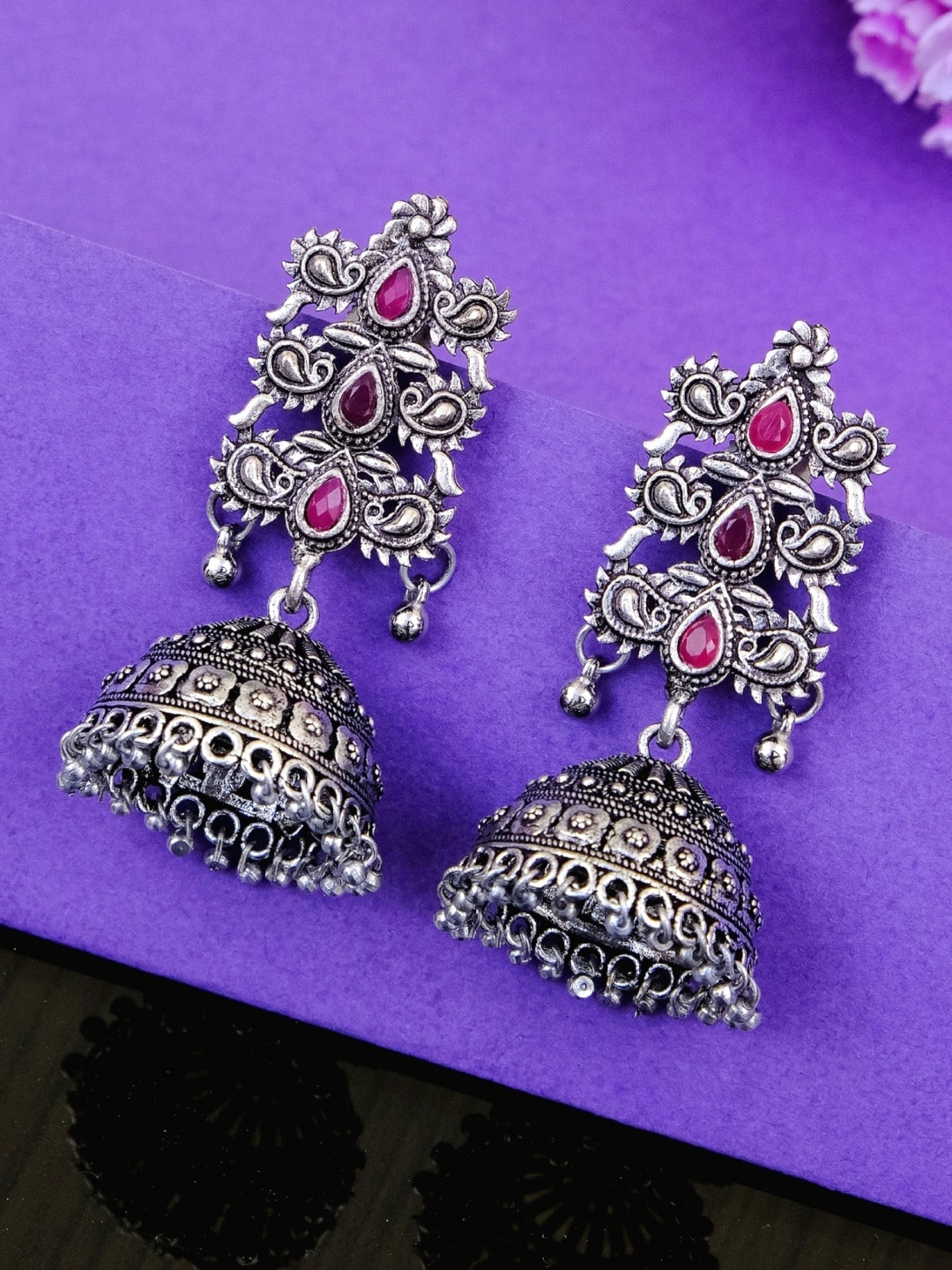 

Crunchy Fashion Oxidized Silver-Plated Pink Studded Dome Shaped Jhumkas