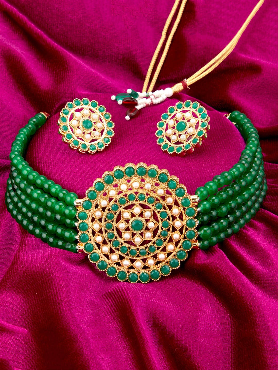 

Sukkhi Gold-Plated Green & White Pearl-Studded Beaded Sustainable Jewellery Set
