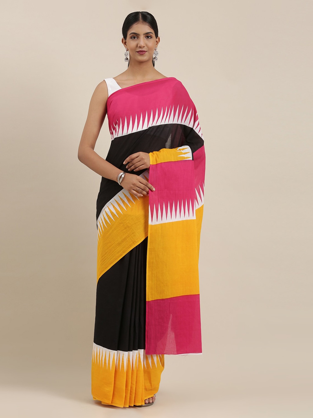

The Chennai Silks Black & Yellow Pure Cotton Colourblocked Narayan Peth Saree