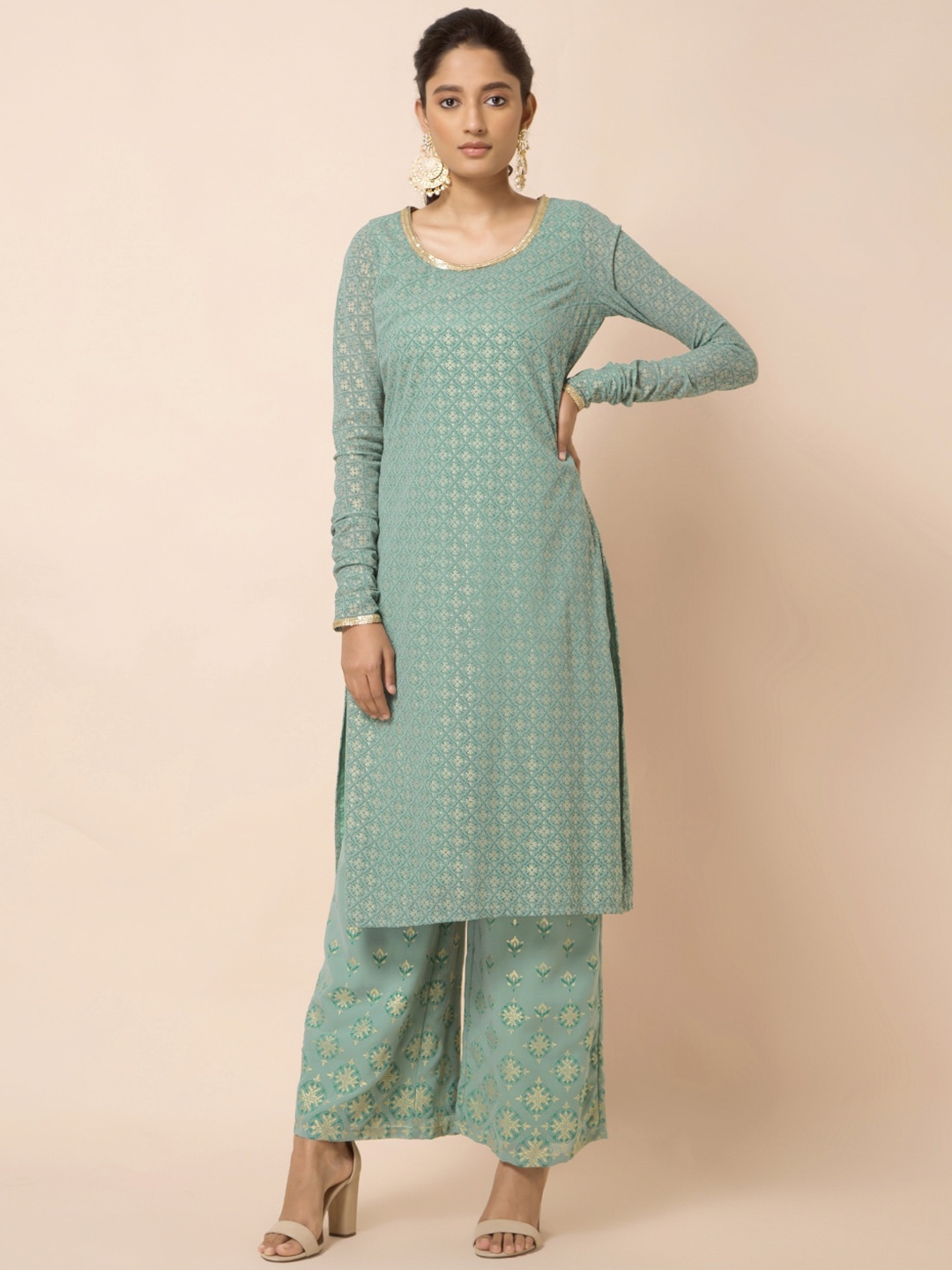 

INDYA Women Green Foil Printed Churidar Sleeve Straight Kurta