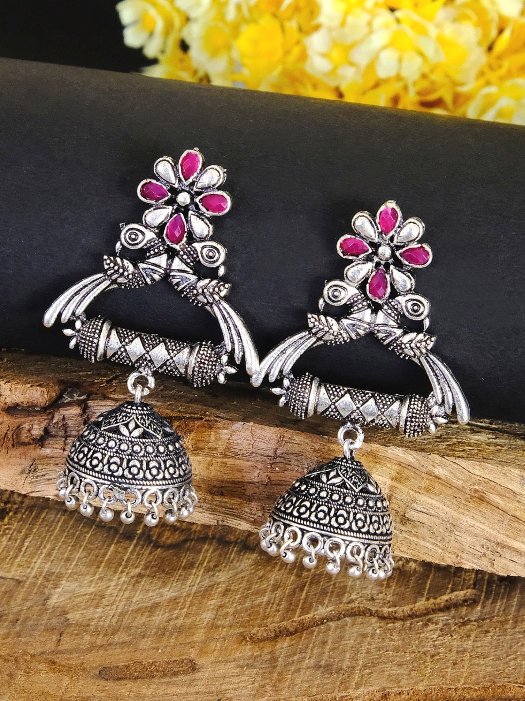 

Crunchy Fashion Oxidized Silver-Plated Pink Studded Dome Shaped Jhumkas