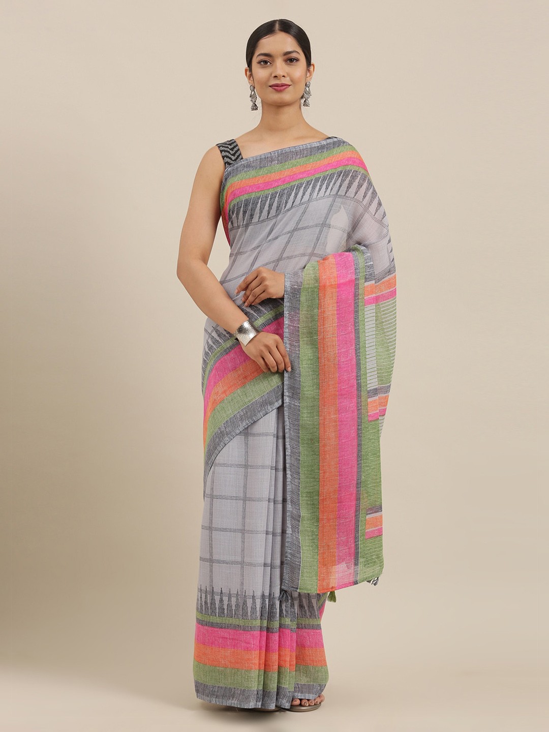 

The Chennai Silks Grey Checked Linen Blend Saree