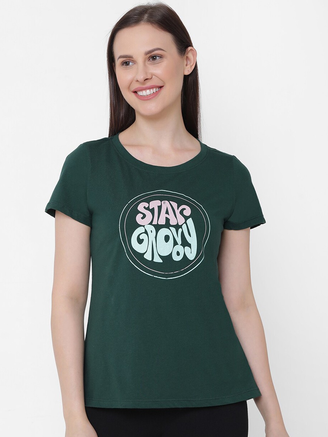 

Soie Women Green Printed Soft Cotton Modal Lounge T-shirt