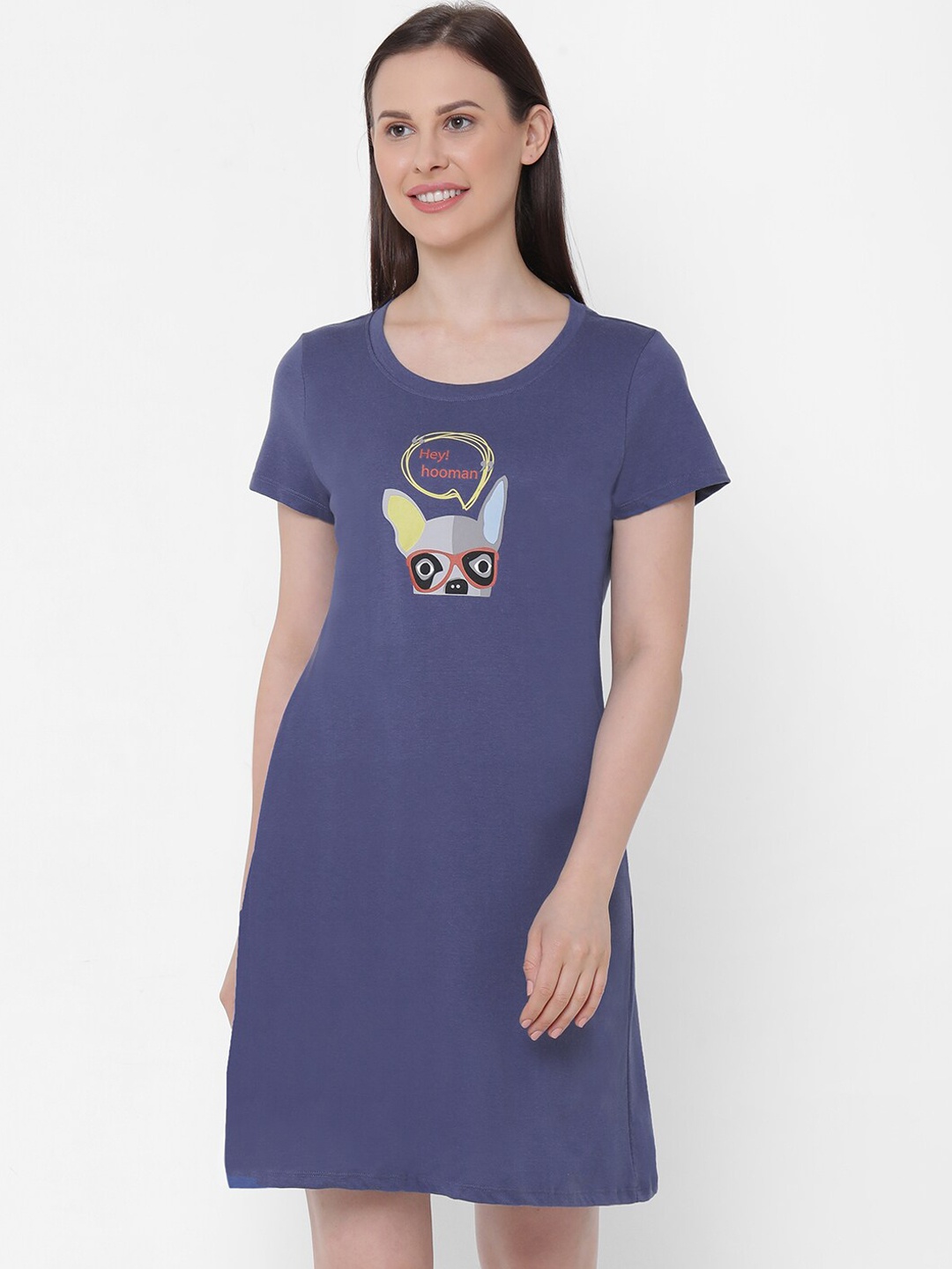Soie Women Blue & Grey Printed Sleep Shirt