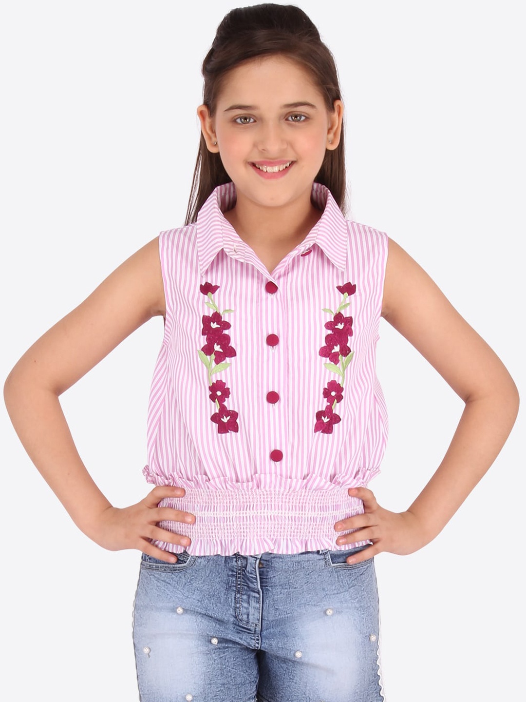 

CUTECUMBER Girls Pink Striped Shirt Style Top
