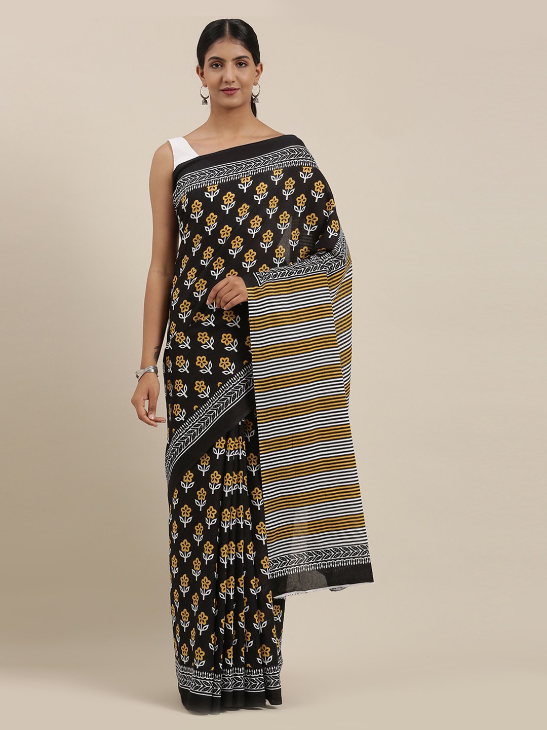 

The Chennai Silks Black & Yellow Pure Cotton Printed Saree