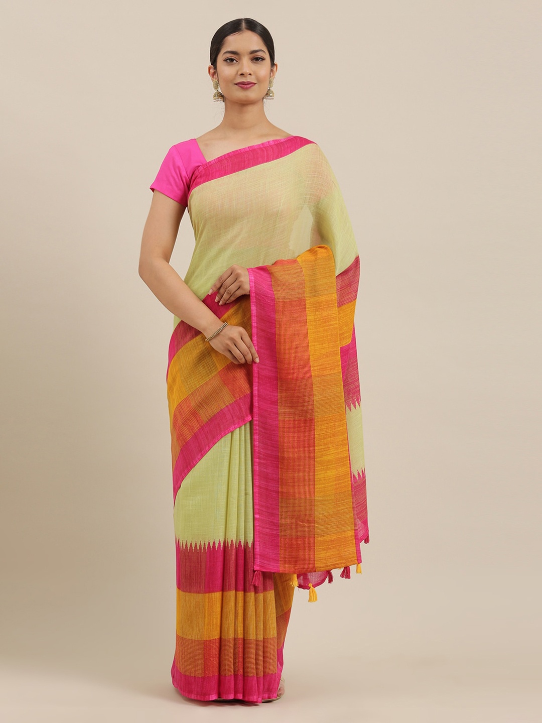 

The Chennai Silks Green & Pink Linen Blend Solid Saree