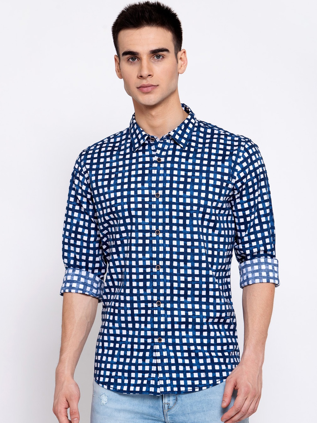 

Pepe Jeans Men Navy Blue Pure Cotton Regular Fit Checked Casual Shirt