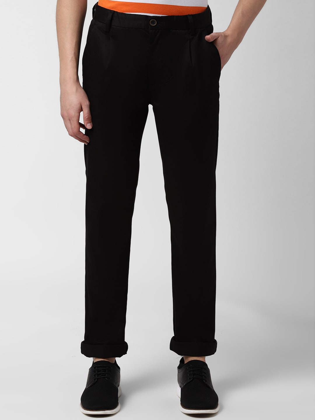 

Peter England Casuals Men Black Slim Fit Solid Regular Trousers