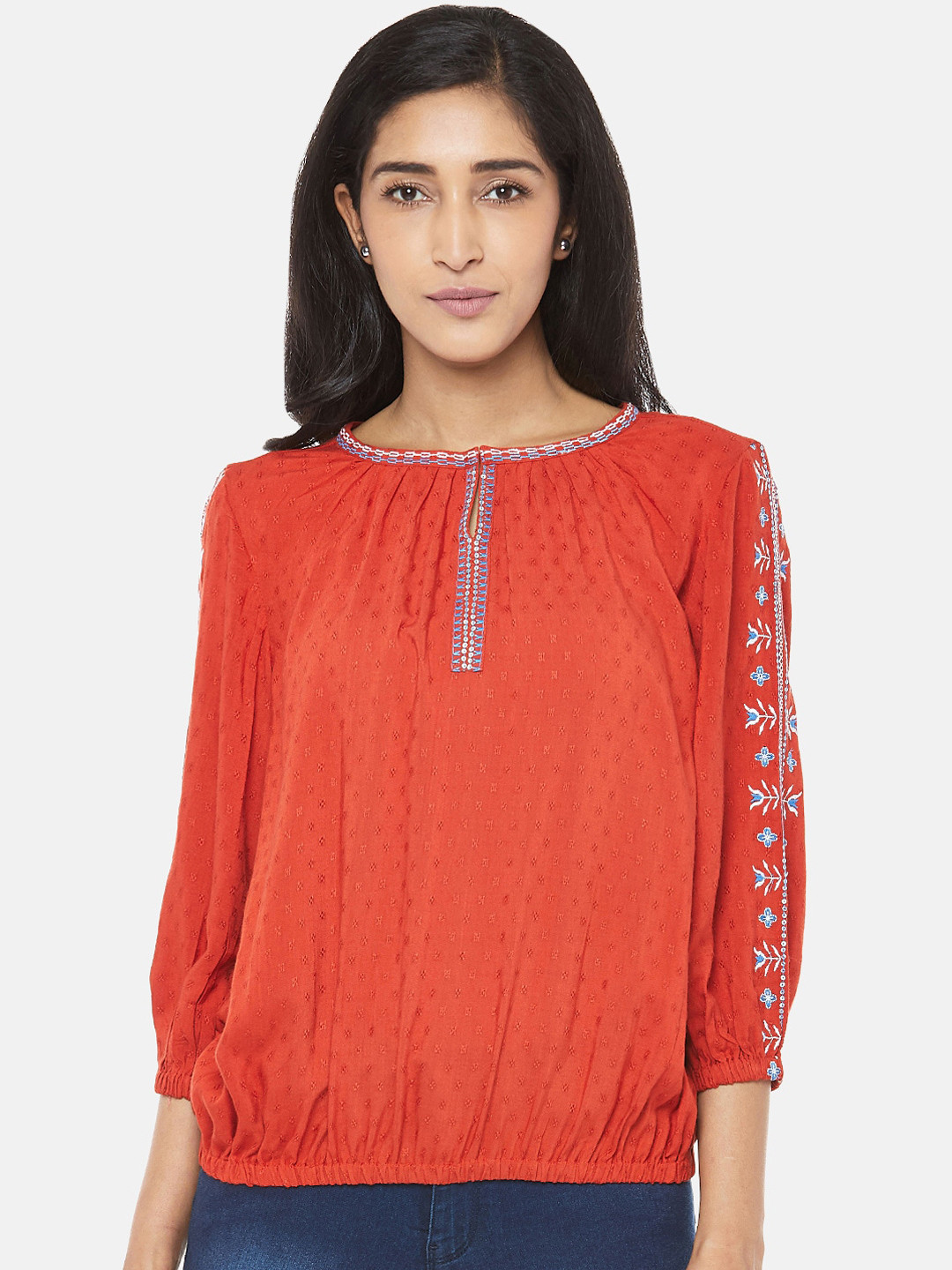 

People Orange Bishop Sleeves Blouson Top