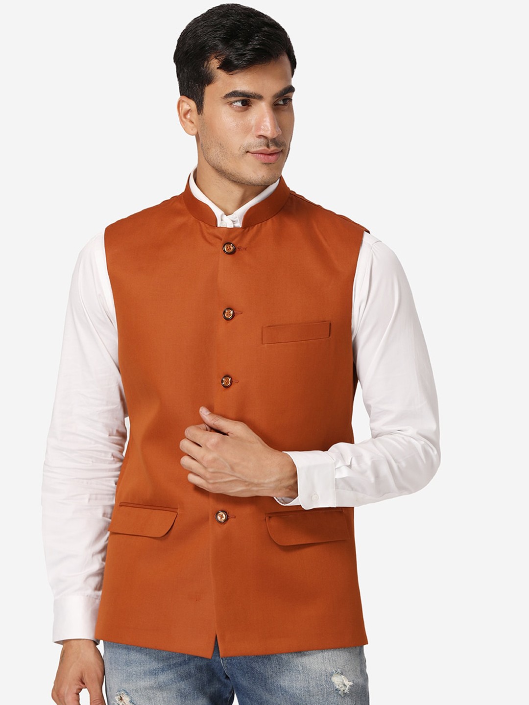 

Wintage Men Rust Orange Solid Casual Nehru Jacket