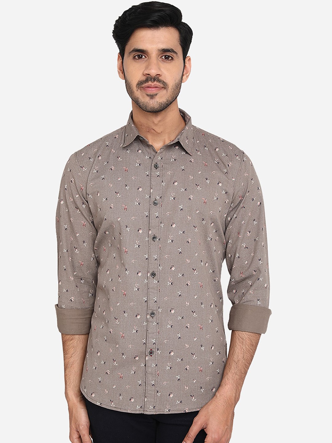 

JADE BLUE Men Grey Slim Fit Printed Pure Cotton Casual Shirt