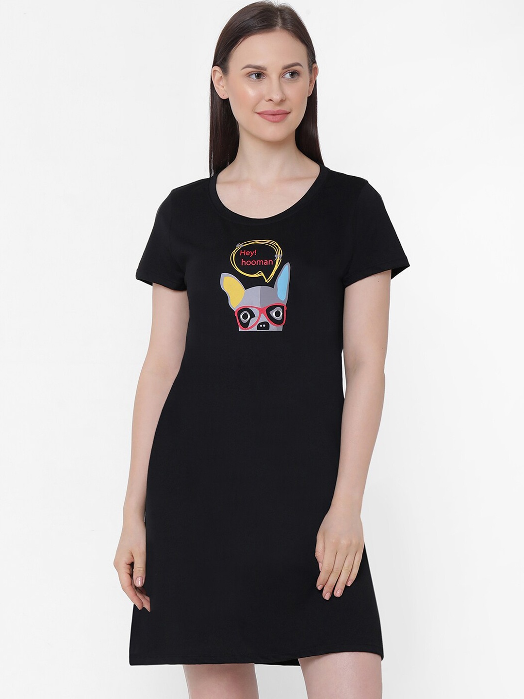 

Soie Women Black Printed Super-Soft Cotton Modal Knee-Length Sleep Shirt