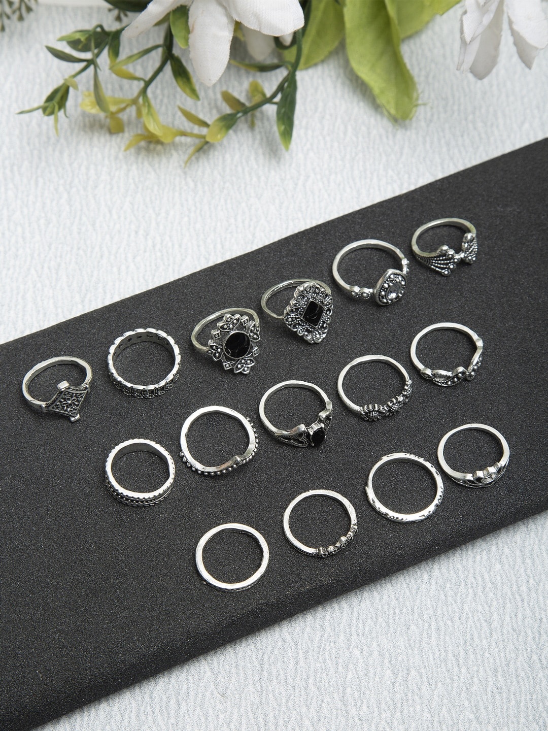 

YouBella Women Set Of 15 Silver-Toned & Black Textured Finger Rings