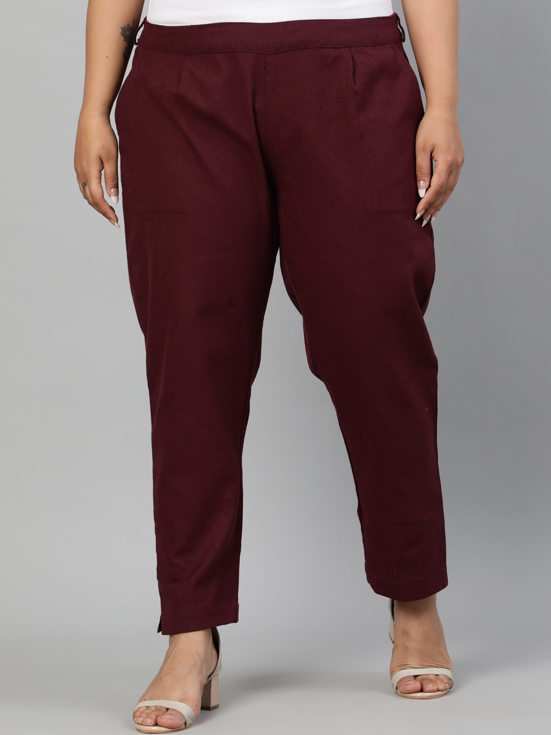 Jaipur Kurti Women Burgundy Regular Fit Solid Regular Trousers