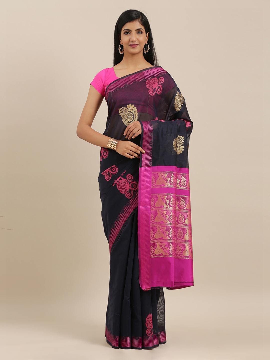 

The Chennai Silks Navy Blue Silk Cotton Woven Design Maheshwari Saree