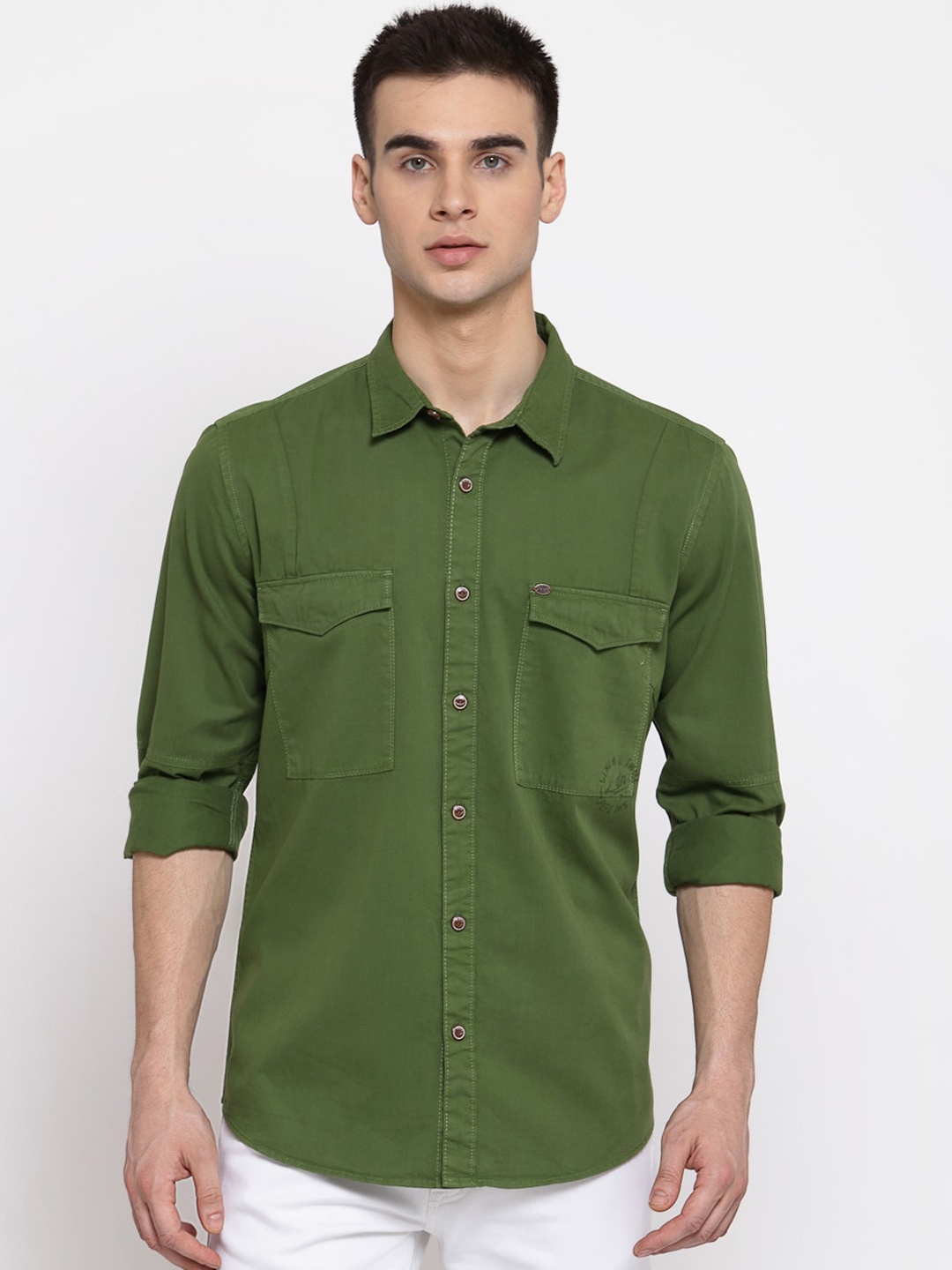 

Pepe Jeans Men Olive Green Pure Cotton Regular Fit Solid Casual Shirt