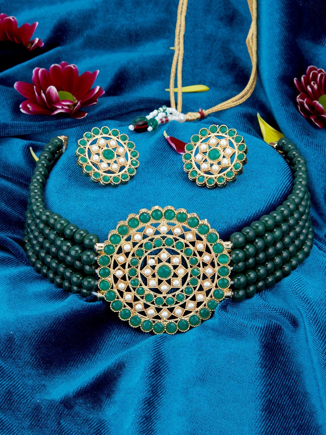 Sukkhi Gold-Plated Green & White Pearl-Studded Beaded Sustainable Jewellery Set