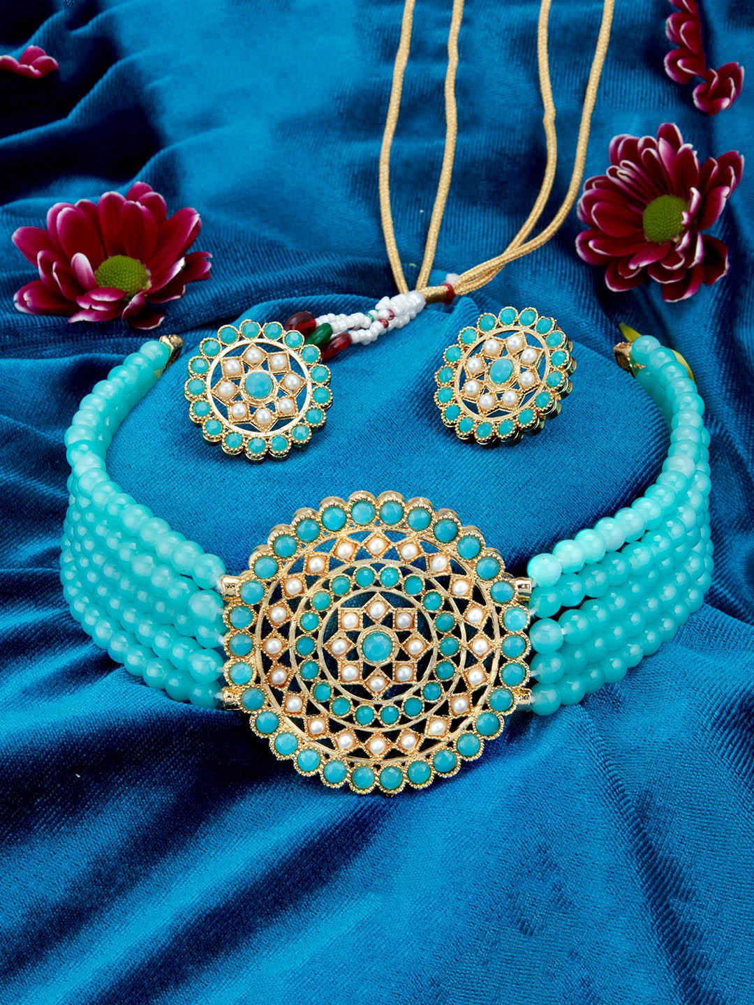 

Sukkhi Gold-Plated Turquoise Blue & White Pearl-Studded Beaded Sustainable Jewellery Set