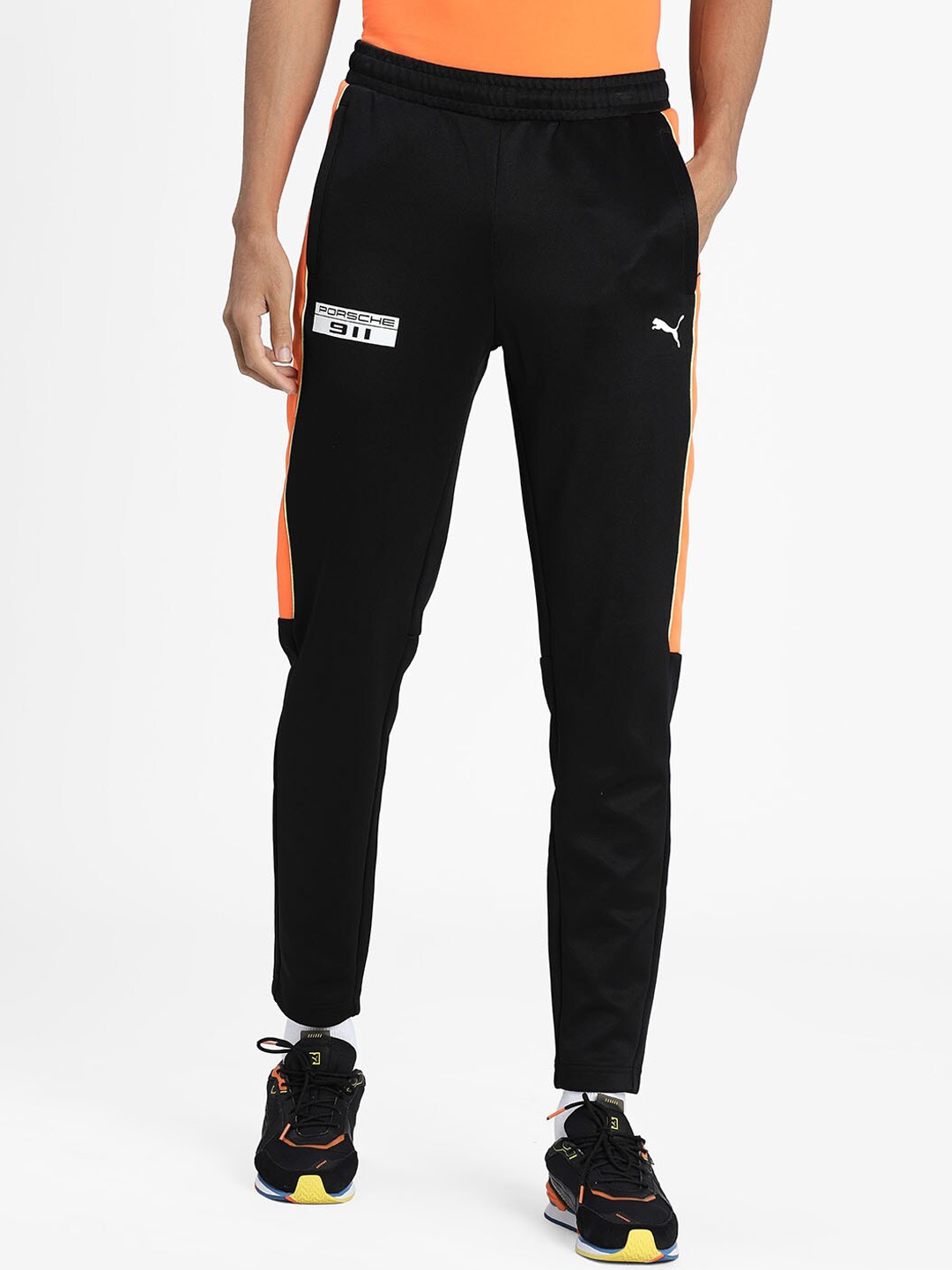

Puma Men Black & Orange Striped PL T7 Slim-Fit Track Pants