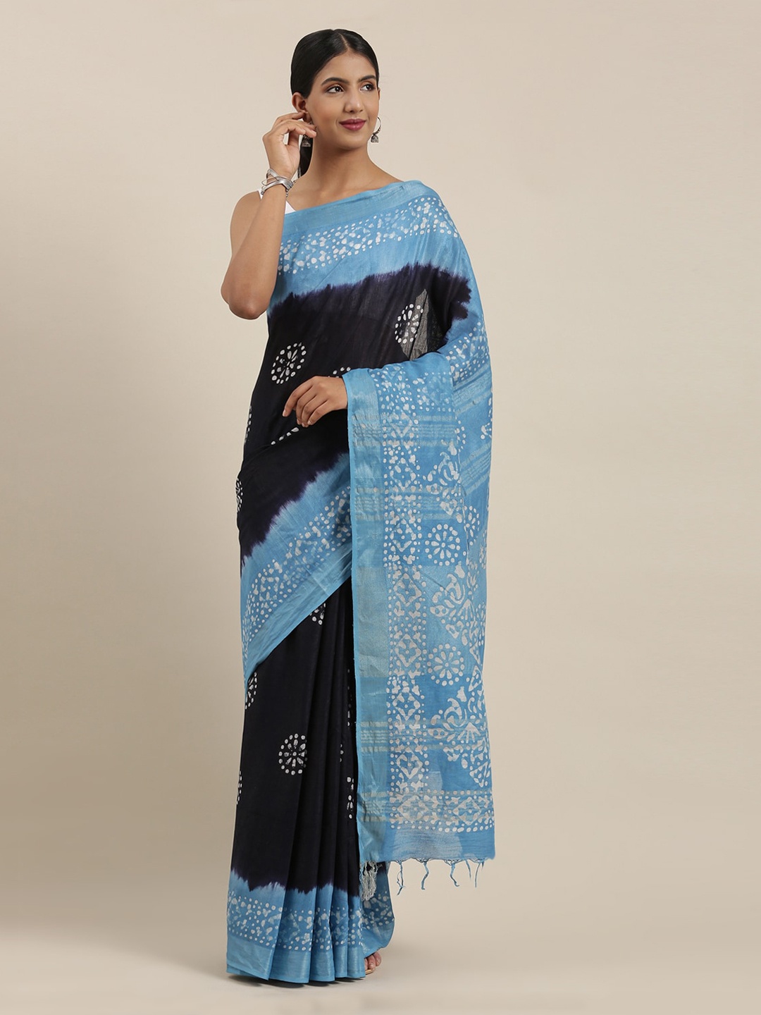 

The Chennai Silks Black & Turquoise Blue Pure Cotton Printed Saree
