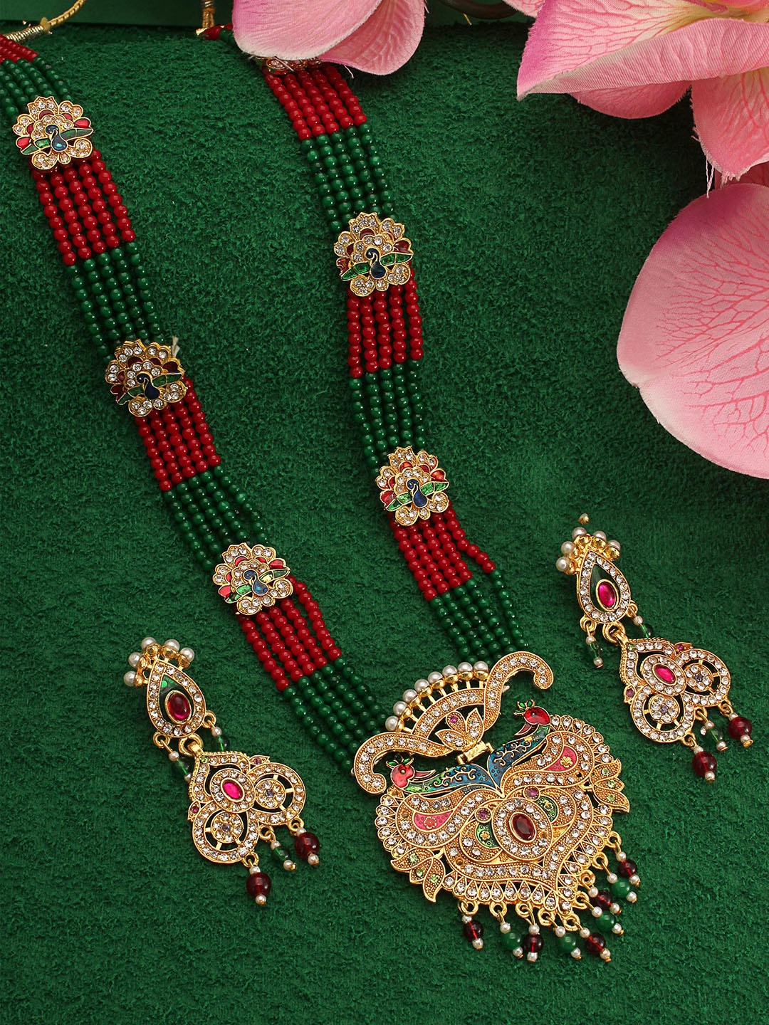 

aadita Gold-Plated Pink & Green AD Stone-Studded Beaded Temple Jewellery Set