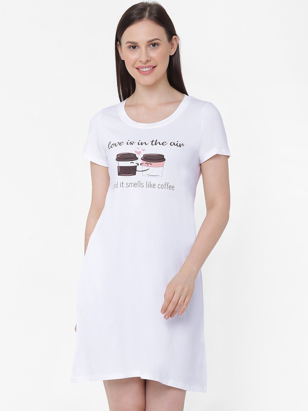 

Soie Women White & Brown Printed Sleep Shirt