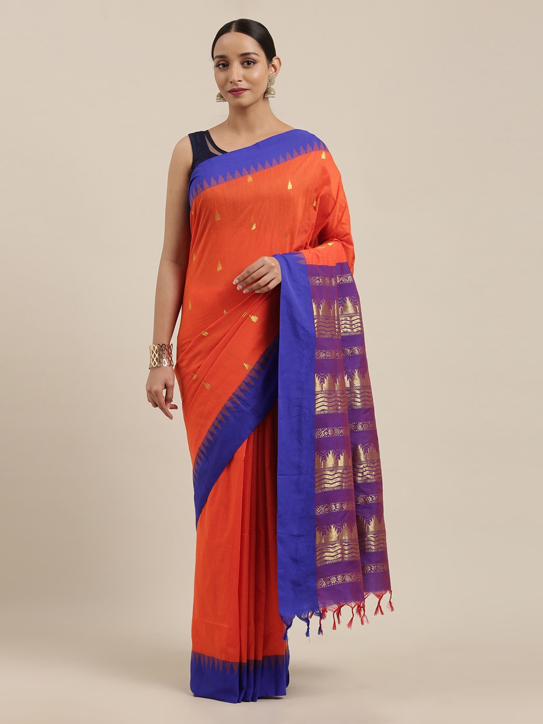 

The Chennai Silks Orange & Blue Polycotton Woven Design Saree