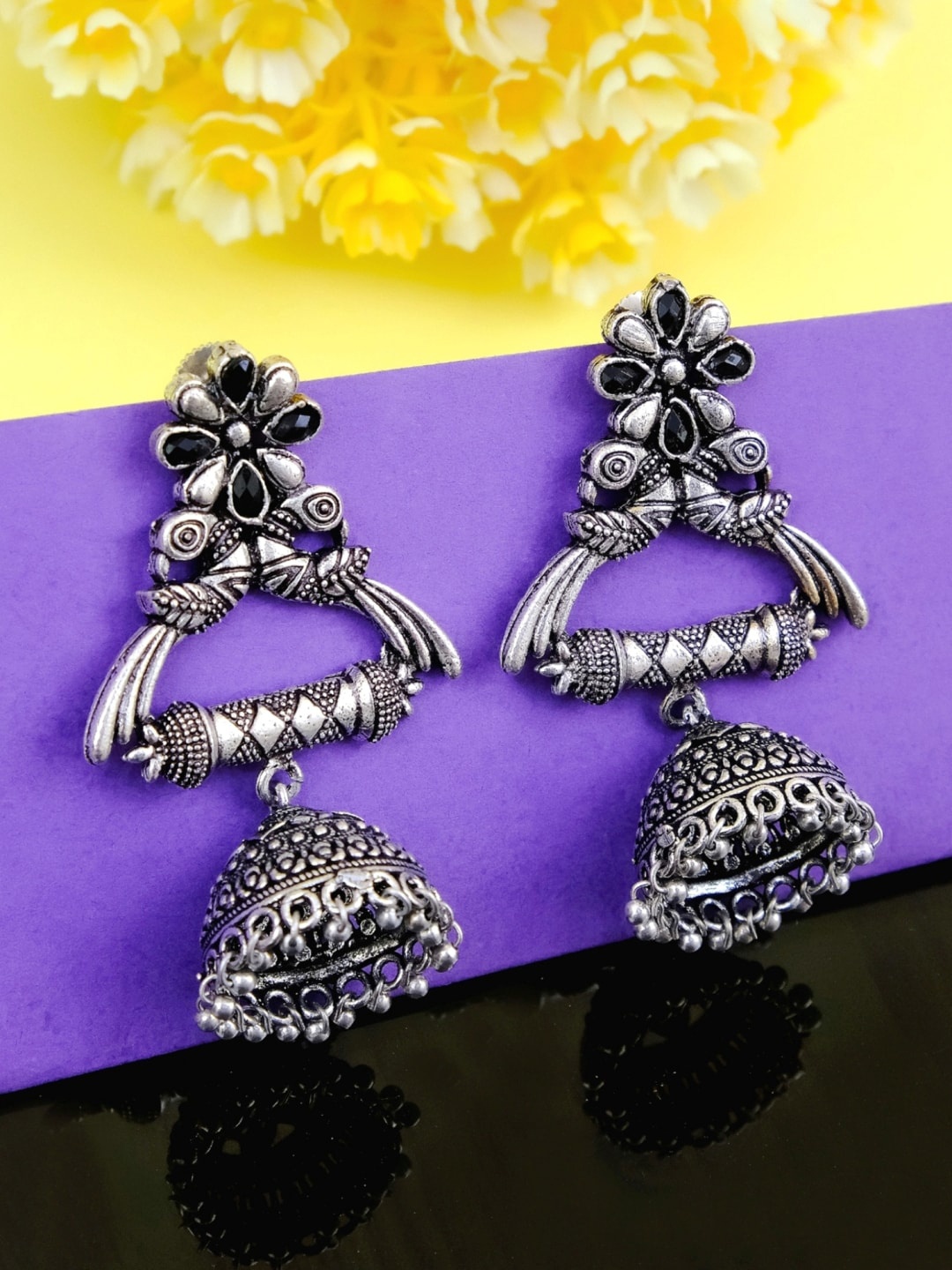 

Crunchy Fashion Oxidized Silver-Plated Black Studded Dome Shaped Jhumkas
