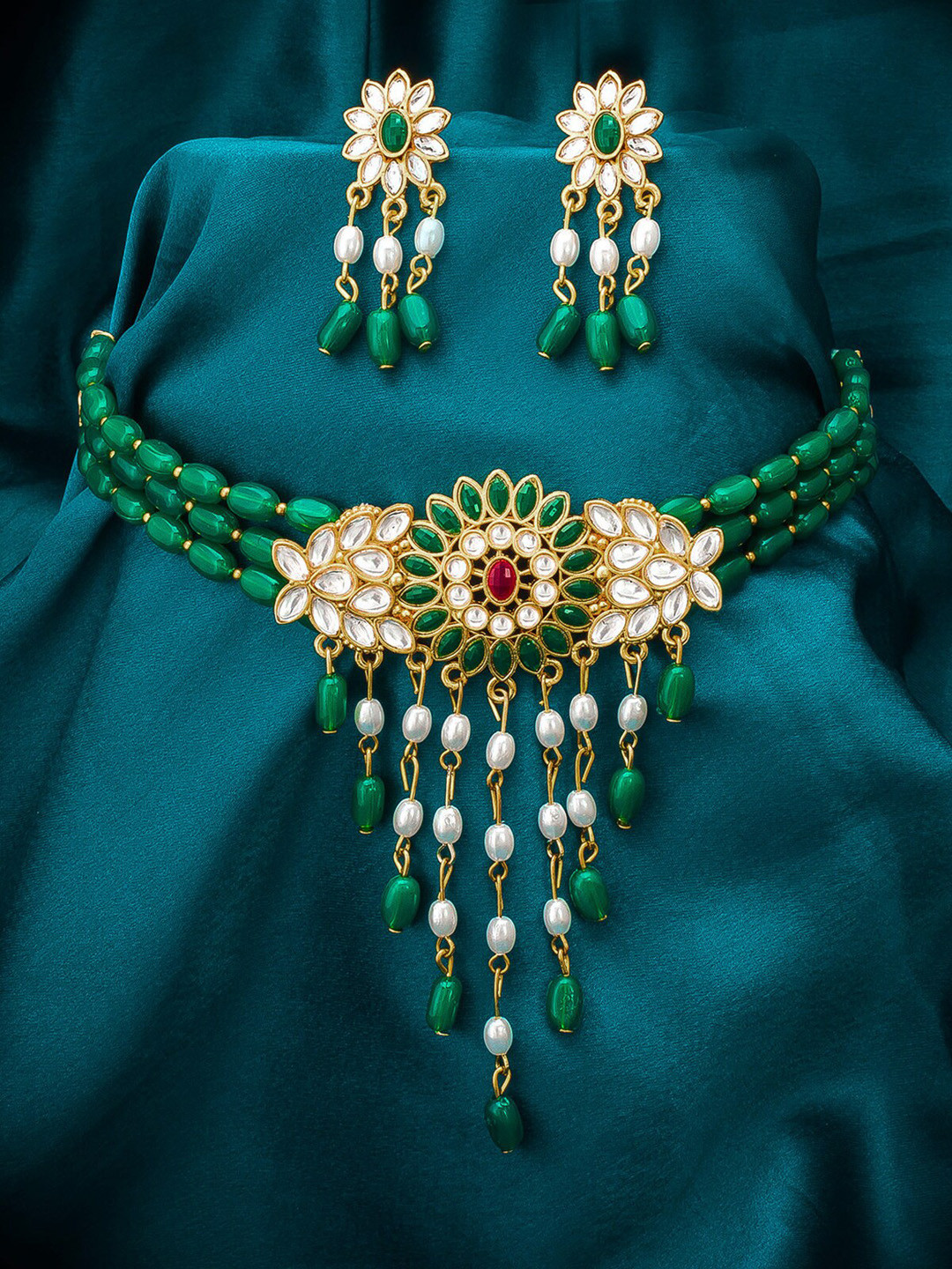 

Aadita Gold-Plated & Green Stone Studded Pearl Beaded Temple Choker Jewellery Set