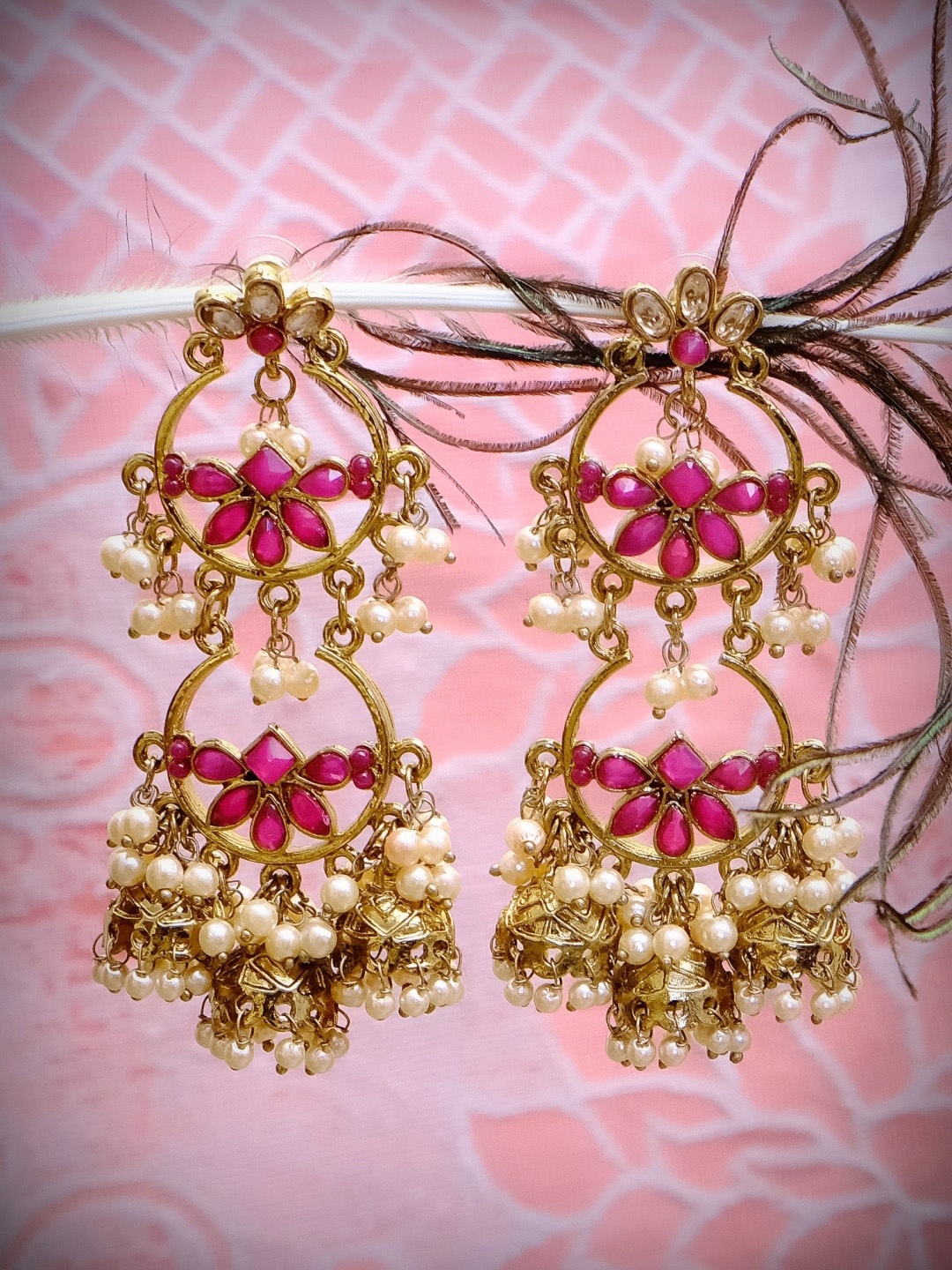 

Crunchy Fashion Pink & White Antique Gold-Plated Studded Classic Jhumkas