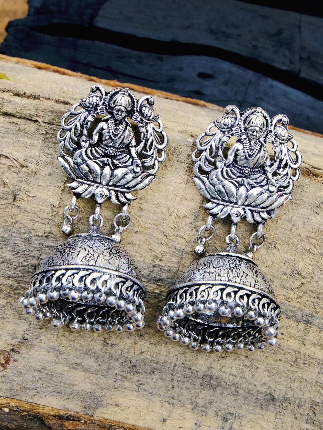 

Crunchy Fashion Oxidized Silver-Plated Temple Dome Shaped Jhumkas