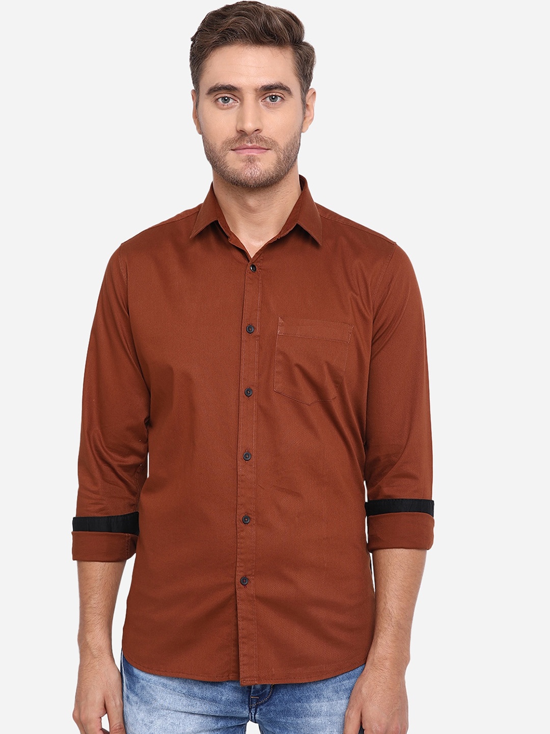 

JADE BLUE Men Brown Slim Fit Solid Pure Cotton Casual Shirt