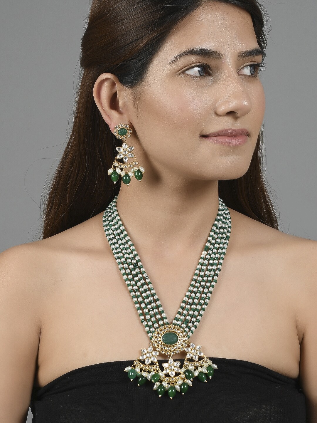 

Silvermerc Design Gold-Plated Green & White Pearl Onyx Kundan-Studded Jewellery Set