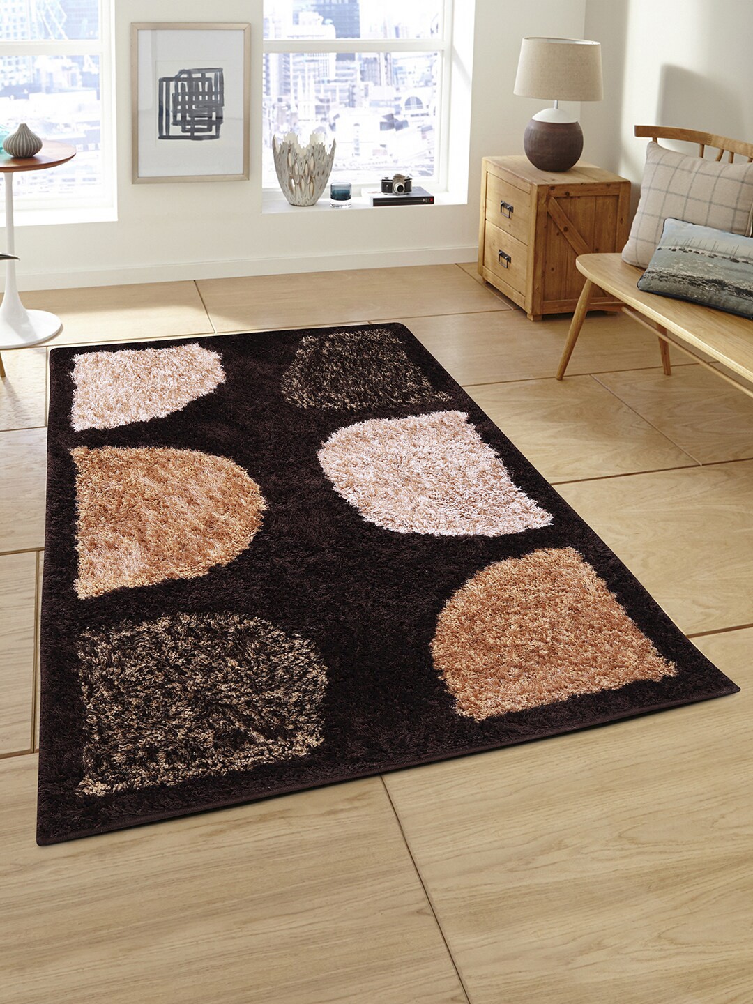 

ROMEE Brown & Peach-Coloured Geometric Designer Shaggy Floor Carpet