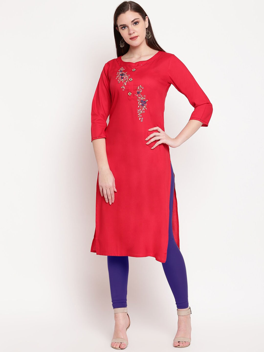 

Vbuyz Women Red Ethnic Motifs Embroidered Kurta