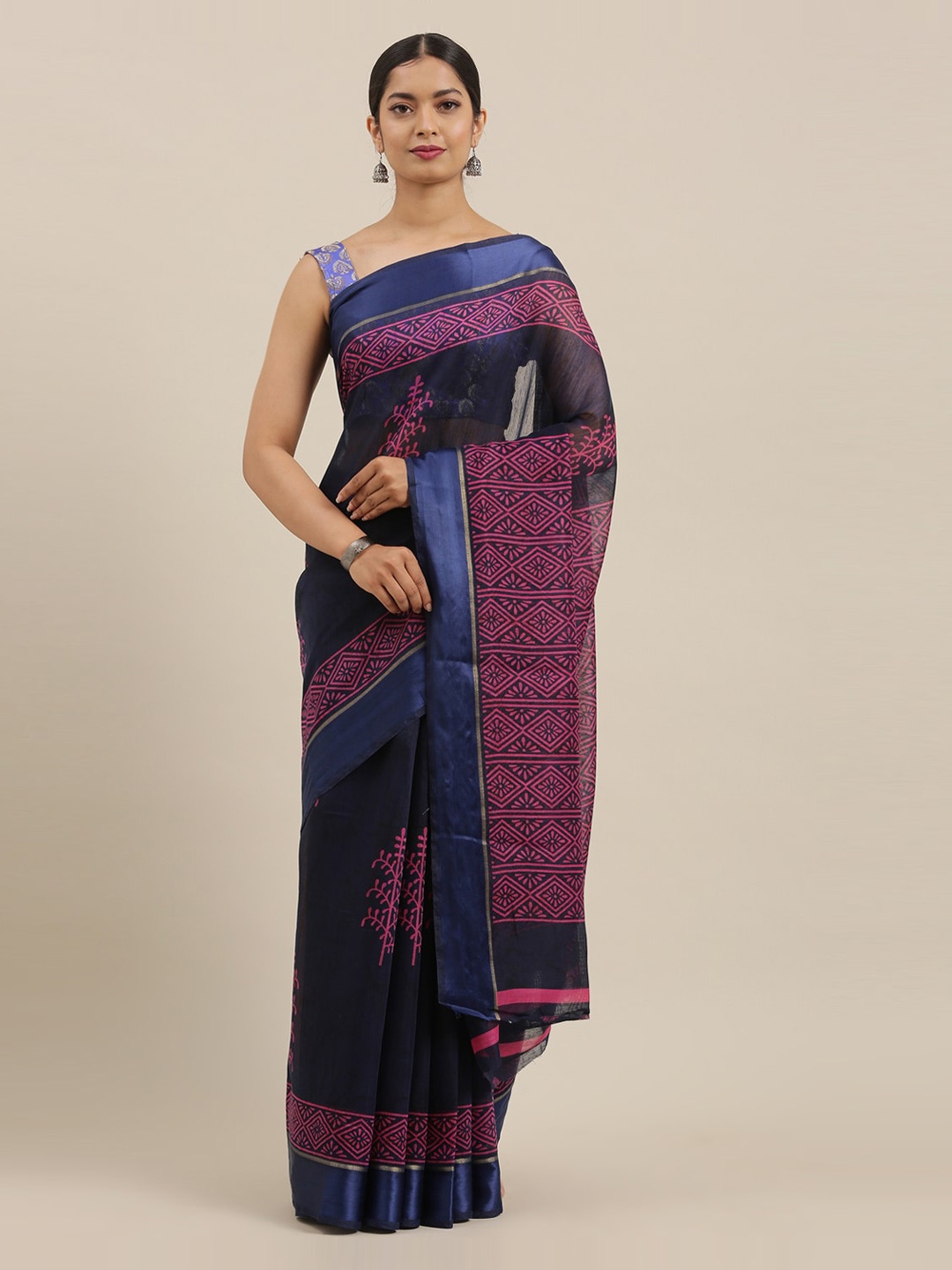 

The Chennai Silks Navy Blue Pure Cotton Printed Chanderi Saree
