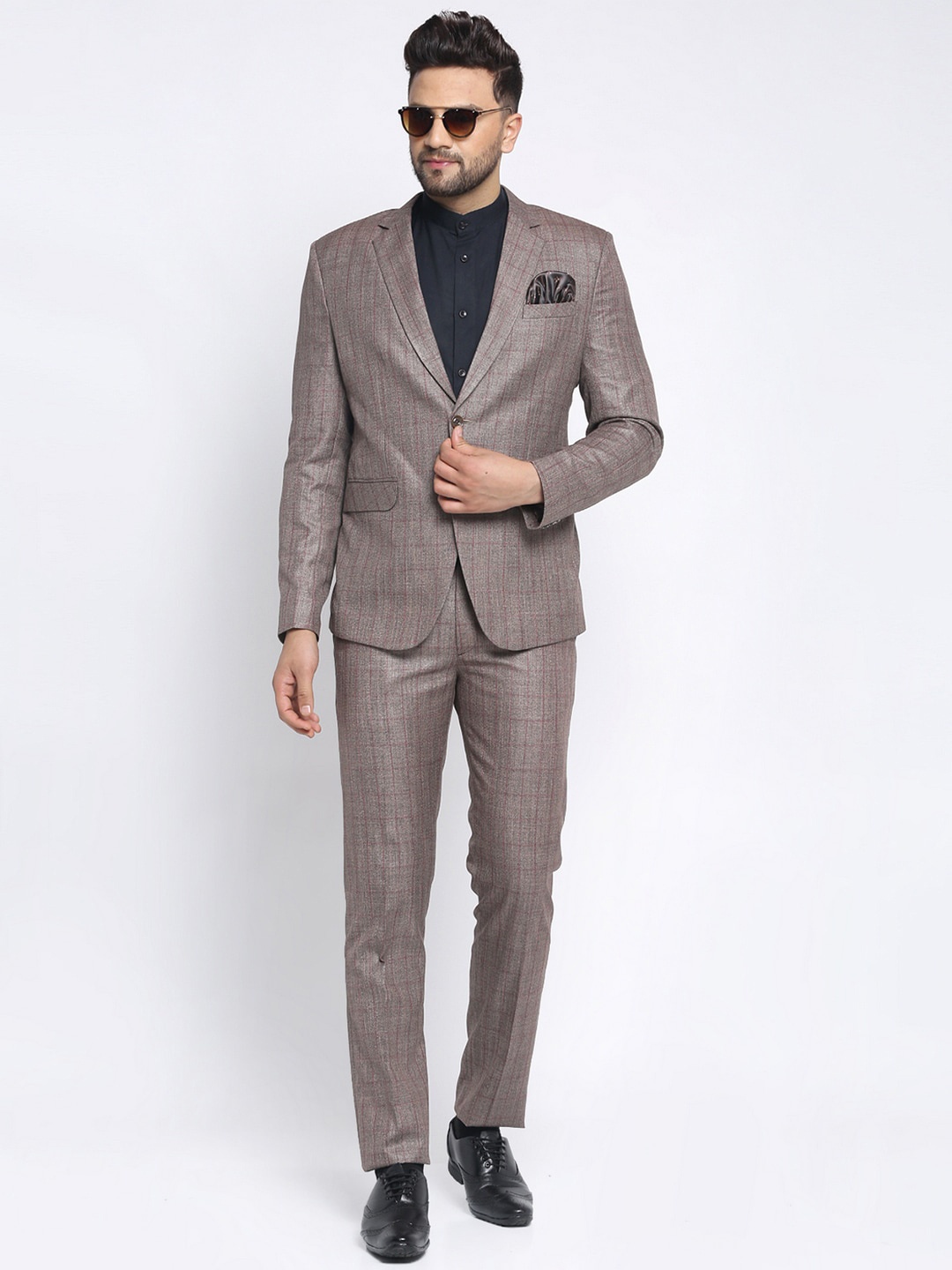 

KLOTTHE Men Brown & Grey Checked Slim-Fit Single-Breasted Two-Piece Party Suit